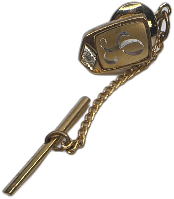 Vintage Gold Tone Tie Tack with Script Initial L and Faux Diamond Accent